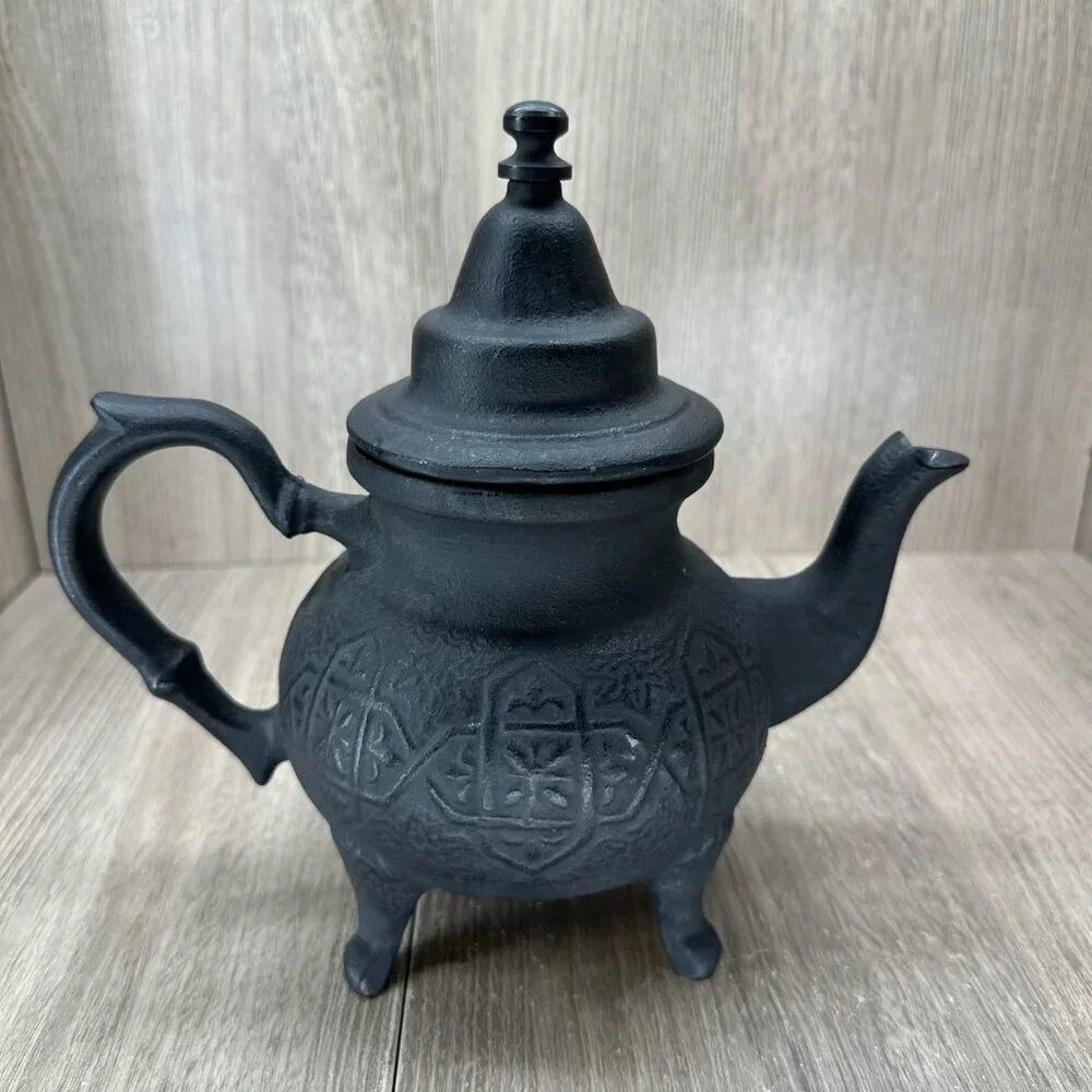 Vintage Ornate Cast Iron Moroccan Teapot w/ Lid Textured Matte Black